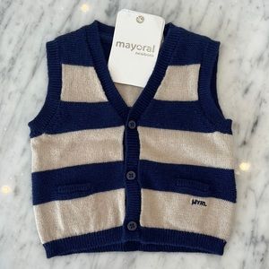 New Baby Boy Mayoral Knit Stripe Navy and Beige Sweater Vest Multiple Sizes